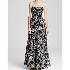 Parker Tamara Silk Black Bonded Print Sweetheart Neck Strapless Maxi Dress Sz S